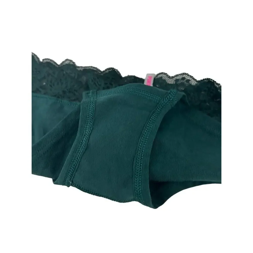 Victoria's Secret PINK  Deep Green Hipster Lace Trim Rhinestone Accent Small
